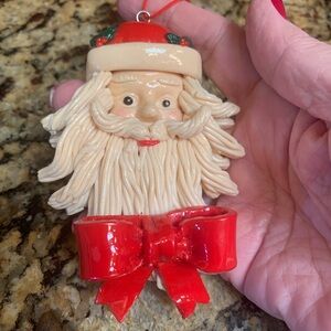 Vintage Handmade Salt Dough Festive Santa Claus Ornament with Red Bow